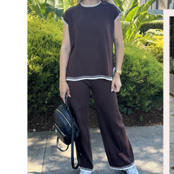 Brown two piece knit set with white whipstitch trim - Picture 6 of 7